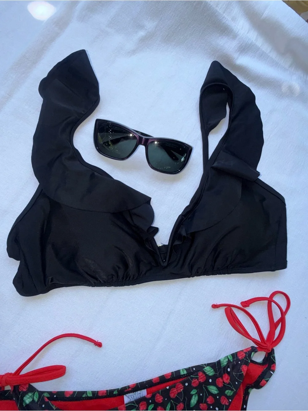 Size XL Black Ruffle Bikini Top with Cherry Print Tie-Side Bottoms